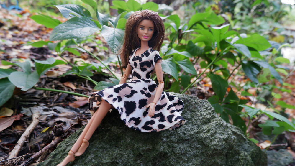 Photo of barbie in leopard print dress sitting on a rock