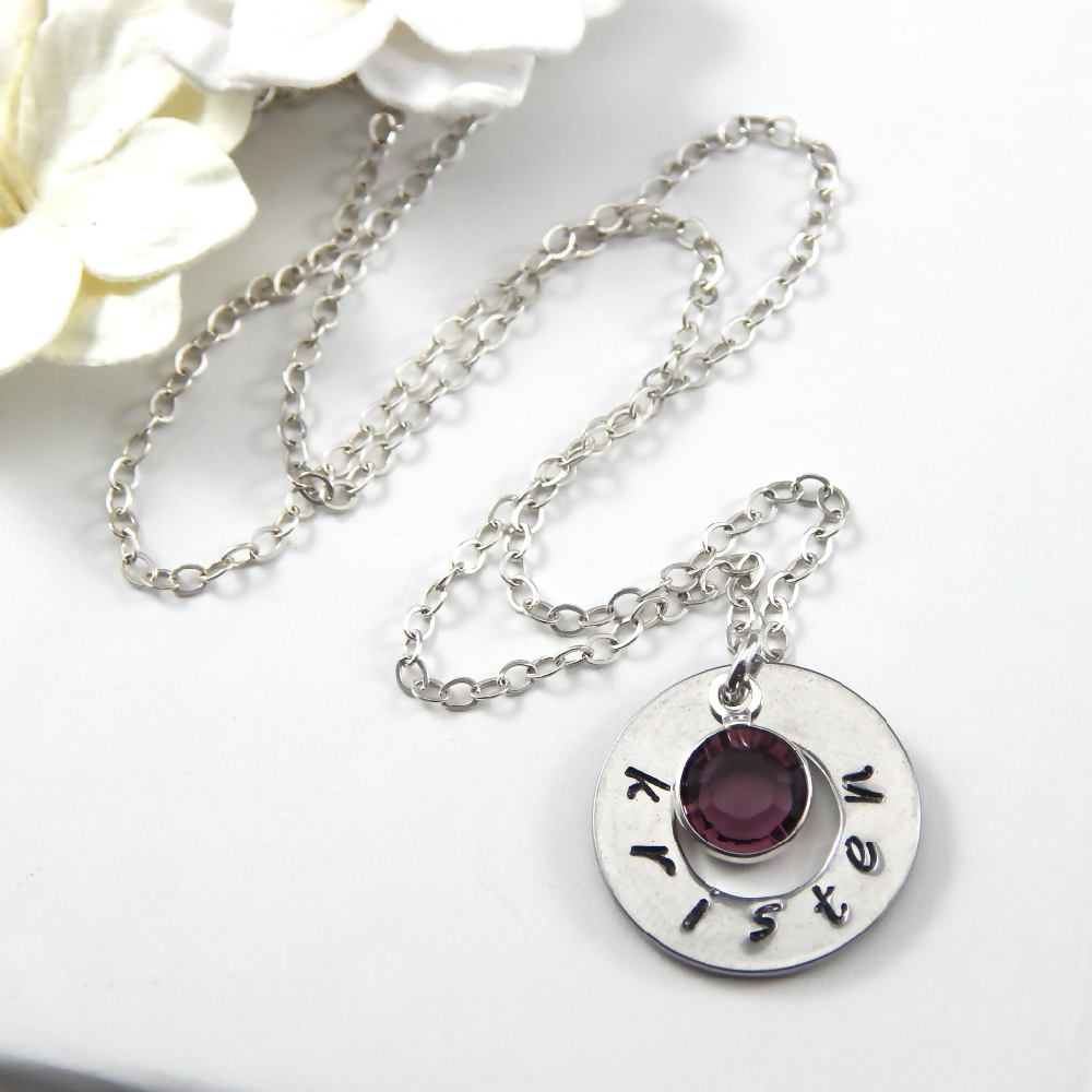 Hand Stamped Silver Washer Personalized Name And Birthstone Necklace