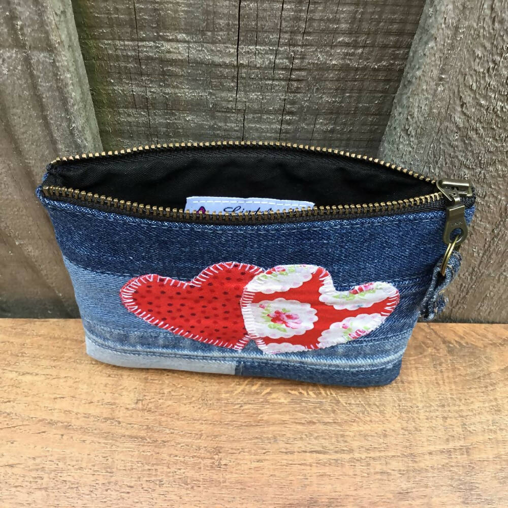 Upcycled Denim Purse – Red Hearts