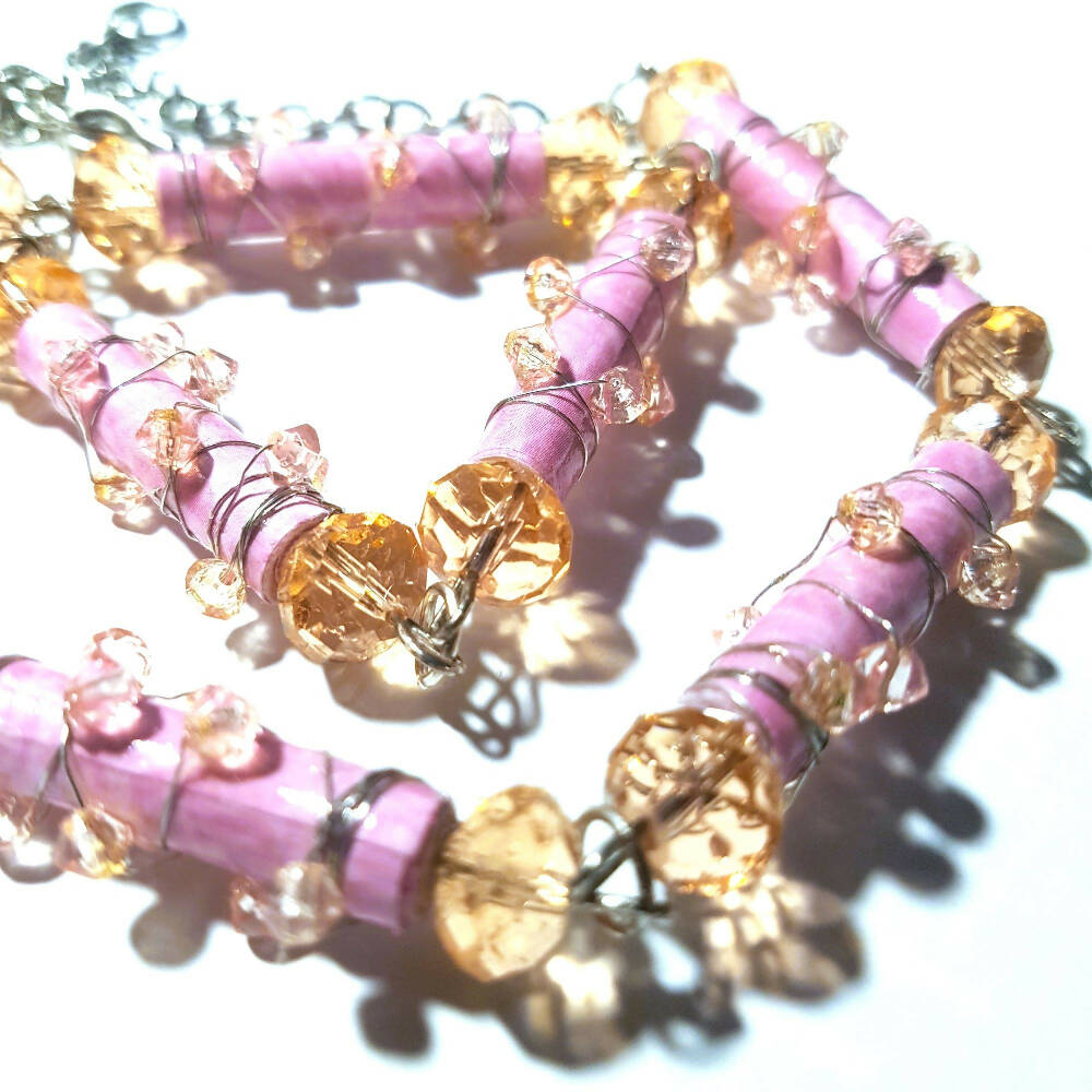 Beaded necklace, pink wire wrap paper beads.