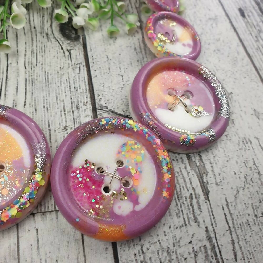 Button Necklace Pink Sparkle Glitter Handcast Resin Buttons & Earrings Jewellery