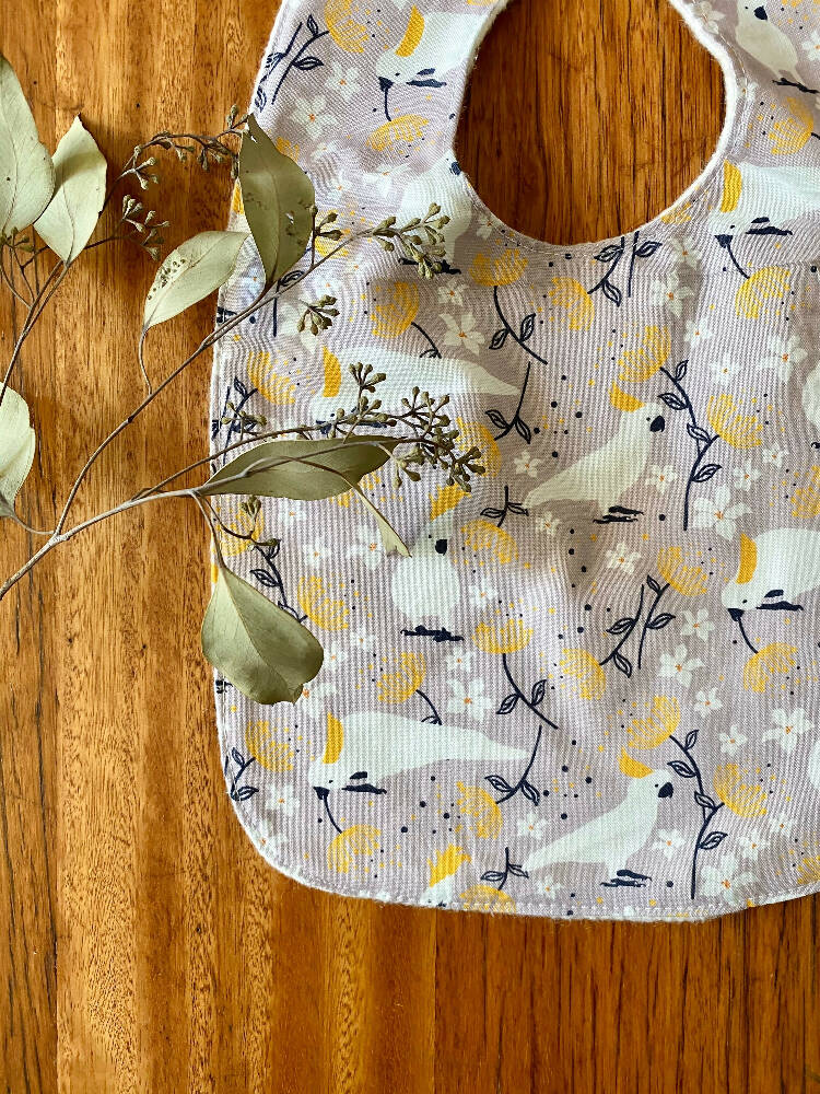 bib - grey cockatoo / eco friendly / organic cotton hemp / baby toddler