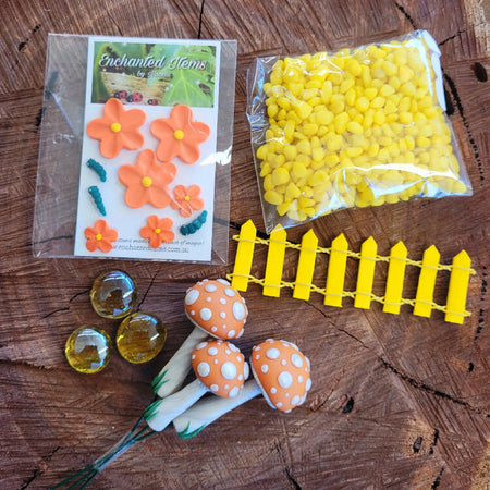 Orange Fairy garden Mushrooms set with caterpillars pets