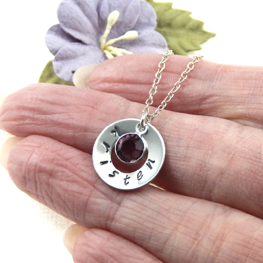 Hand Stamped Silver Washer Personalized Name And Birthstone Necklace