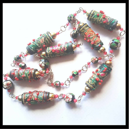 Beaded necklace, fabric beads wire wrapped, gold beads.