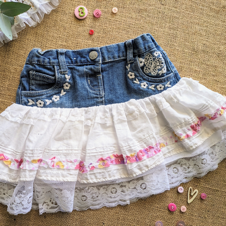 Upcycled Denim Size 3-4 Girls skirt white with Pink Ruffle and lace