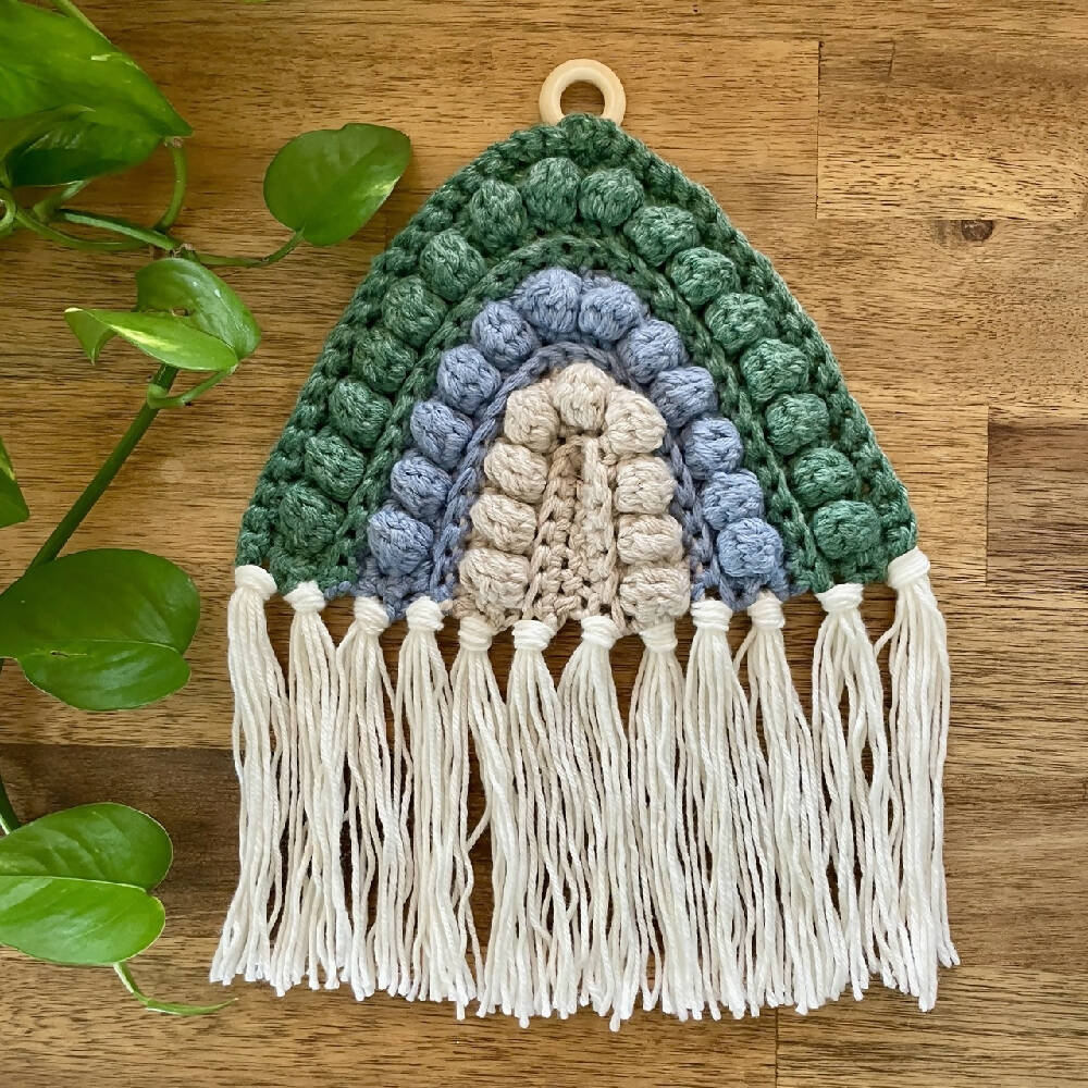 Crochet Rainbow Wall Hanging - Blue, silver & white