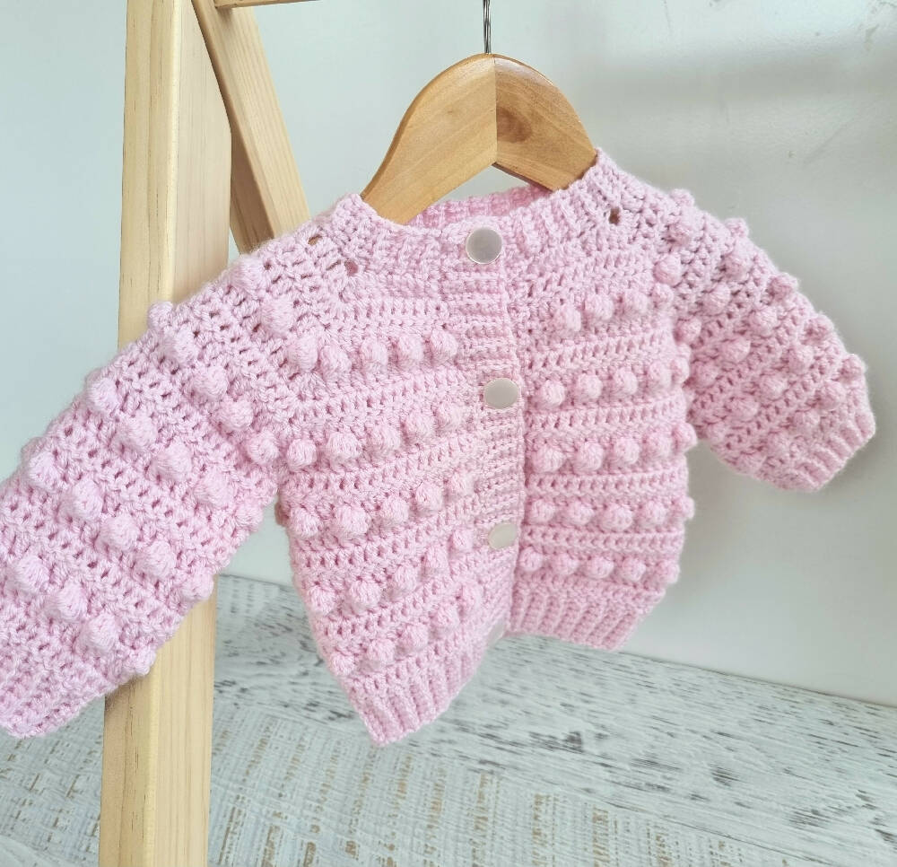 Baby Cardigan Pink Hand Crocheted Bobble Jacket 0-3 months