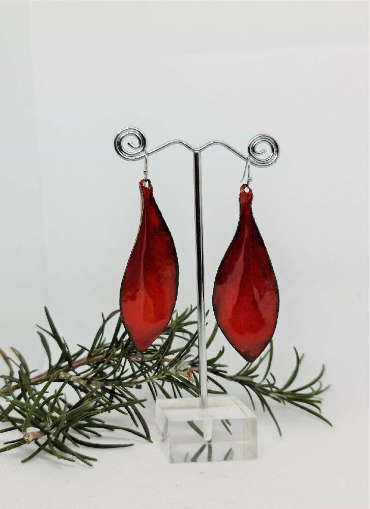 Enamel Earrings - Leaves Red Large