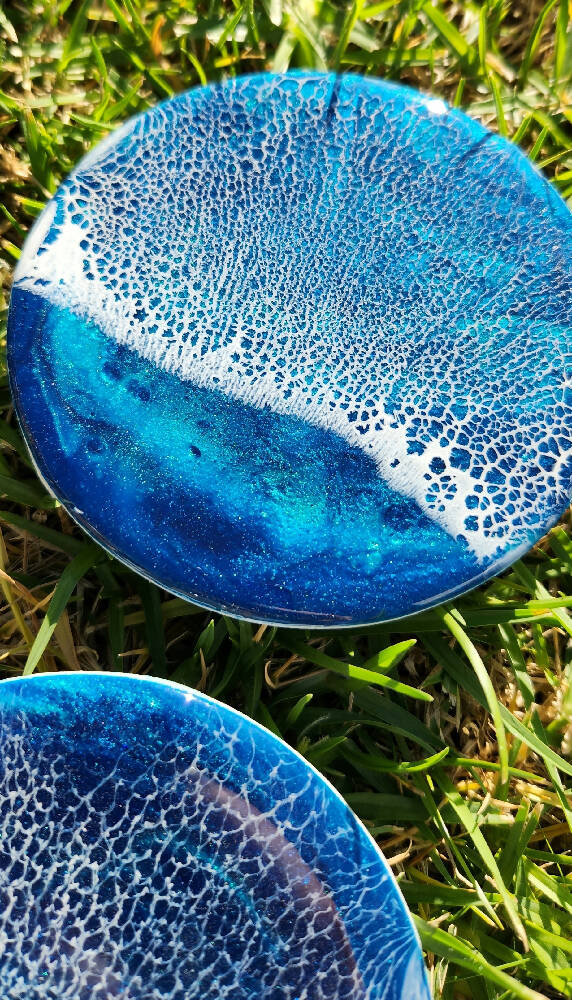 Glittering Blue and Turquoise Resin Wave Coasters (Set of 4)