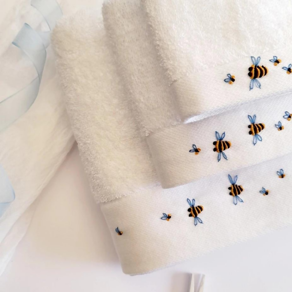 Baby Bath Towel Set Hand Embrdoidered Bees