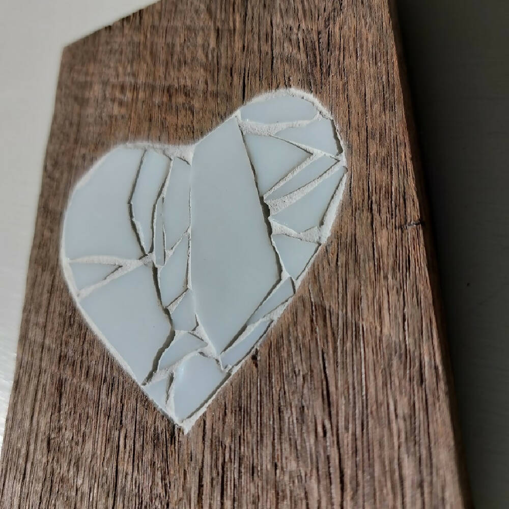 White heart mosaic, stained glass wall art on reclaimed wood