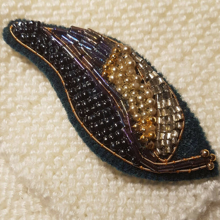 Beaded brooch shawl pin. Large beaded leaf.