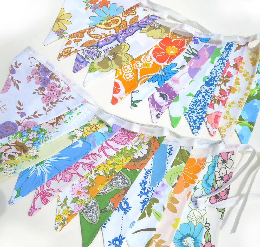 Vintage Buntings - Retro Multi Floral Flags. 'Rainbow Colours' Bulk Buy.