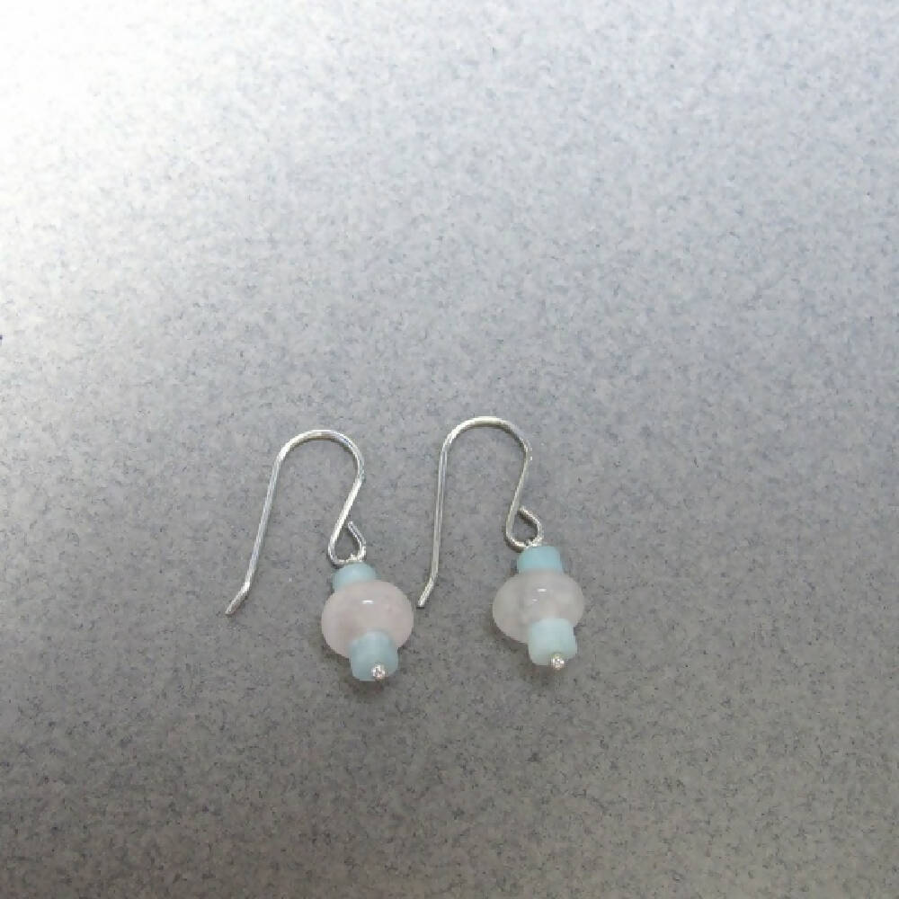 Rose quartz and amazonite beads sterling silver earrings 2
