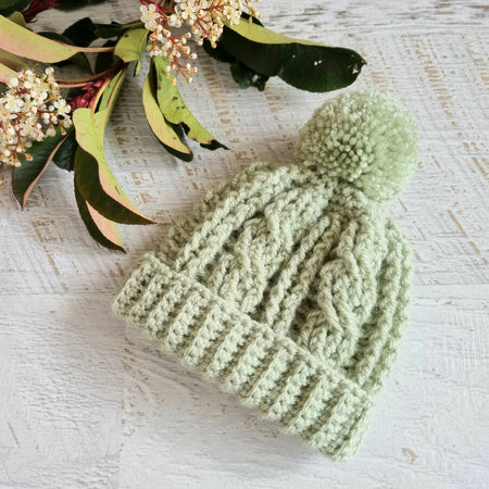 Baby Beanie Sage Green Newborn Crochet Knitted Cable Hat
