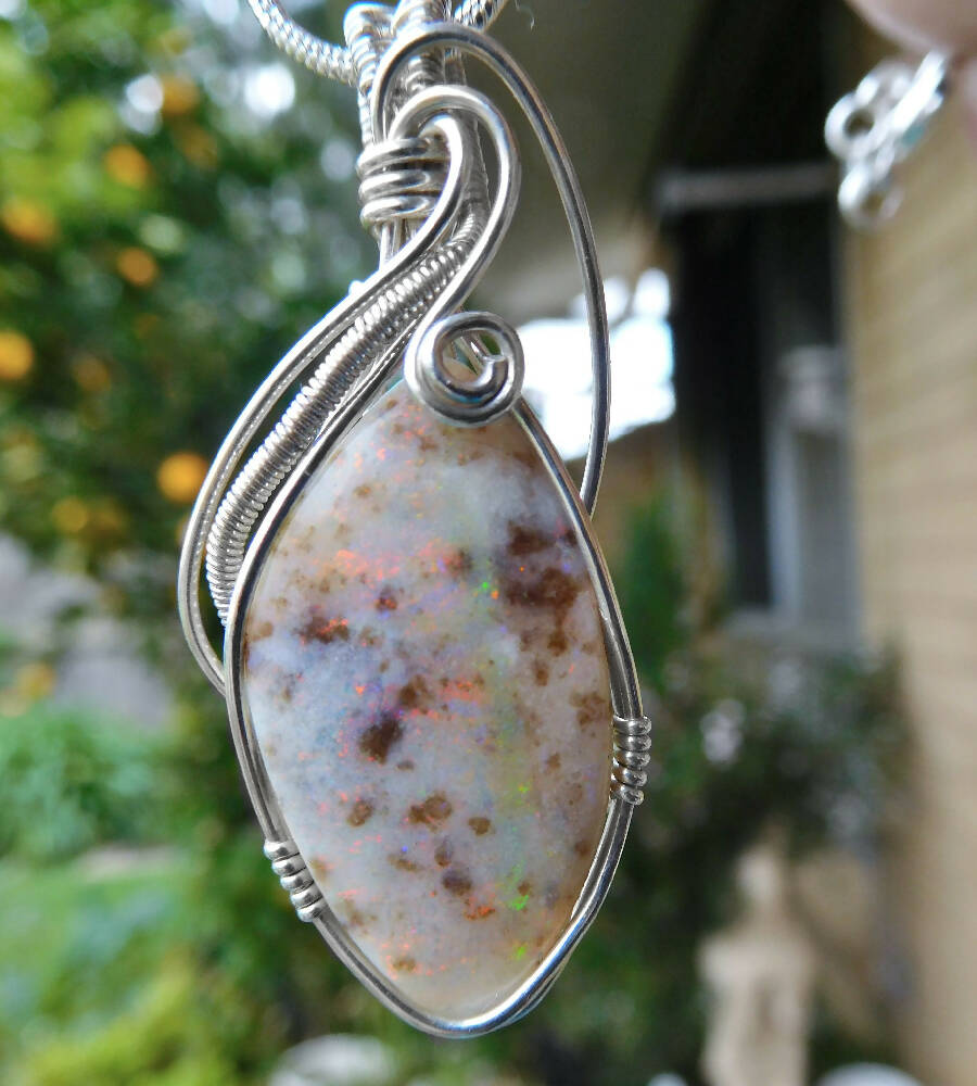 Eromanga pastel Boulder Opal pendant Sterling silver wire wrapped