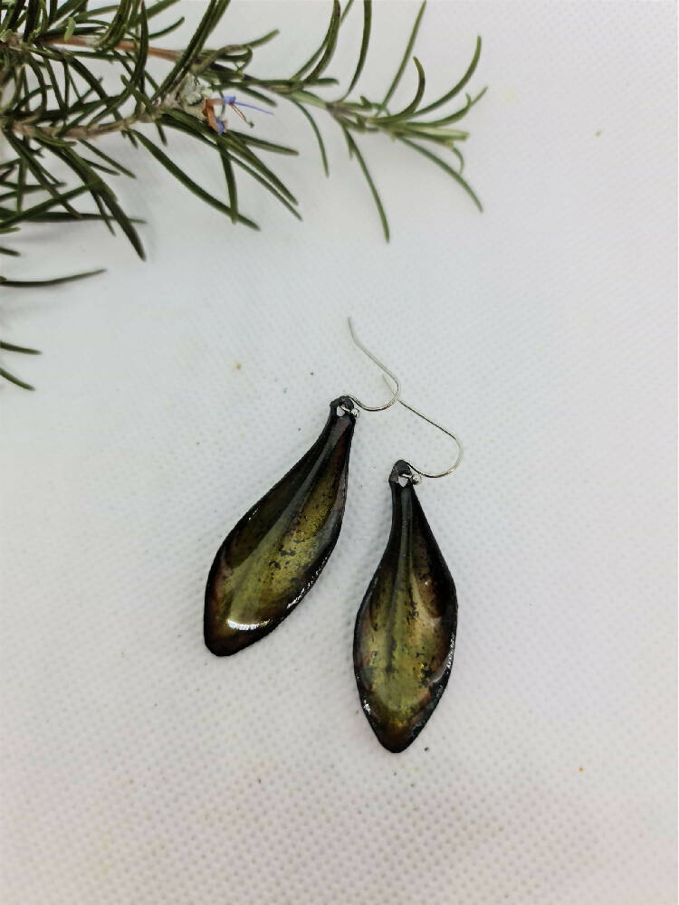 Enamel Earrings - Leaves Olive
