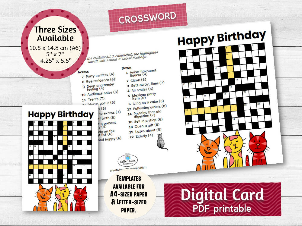 DIGITAL - Printable Birthday Card - CROSSWORD Puzzle - PDF Download