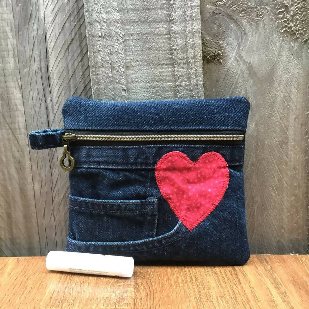 Upcycled Denim Earbud pouch – Red Heart