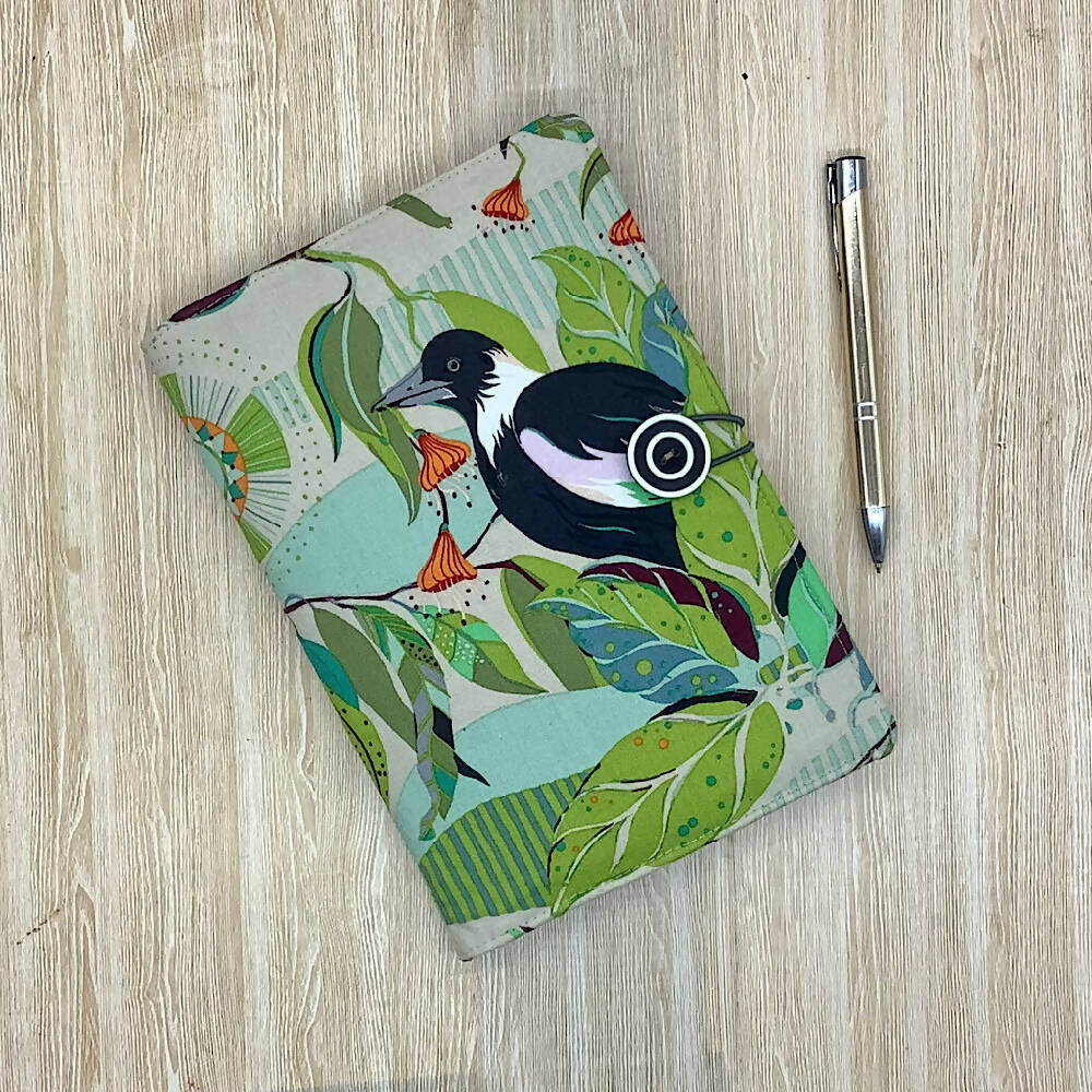 Australian Magpies refillable A5 fabric notebook cover gift set - Incl