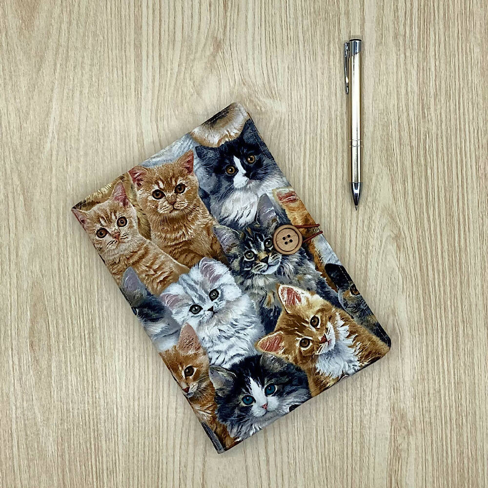 Cats and kittens refillable A5 fabric notebook cover gift set - Incl. book and pen.