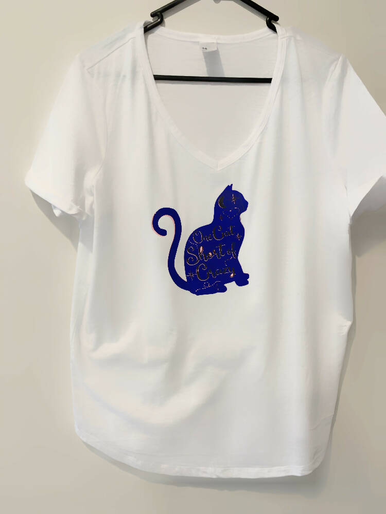 Cat slogan T shirt (one cat short of crazy), white T shirt, short sleeve T shirt, crew neck T shirt, Australian size 14
