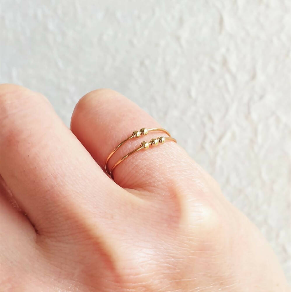 Anxiety 2 line Tiny metal beads Gold wire ring , NOT Adjustable