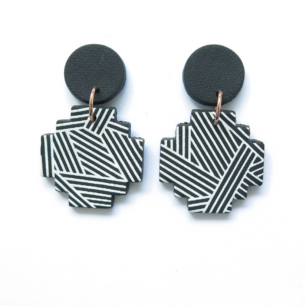 Diagonal Stripe black and white Cross statement earrings