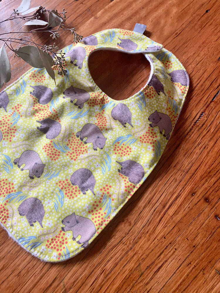 bib - green wombat echidna / organic cotton hemp fleecy / baby toddler