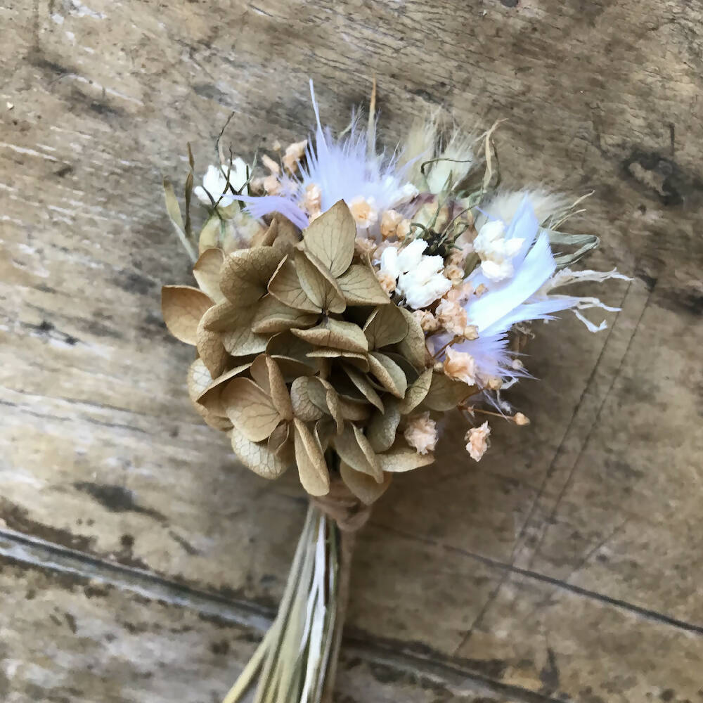 Natural and white mini posy with feathers 16cm