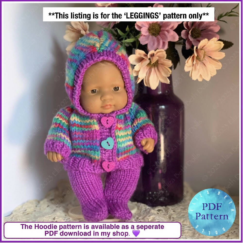 Miniland 21cm clothes, PDF digital pattern, Stockings, Leggings, Tights, Boy, Girl, Unisex, Easy quick knit, Straight needles, Flat knit, Baby doll clothes, Cute outfit, Doll accessories, Minikane, 8inch, Clear instructions, Photos, 8ply DK yarn, Beginner friendly, Basic knitting, Simple pattern, 5, Eliza Beth Dolls, ElizaBethDolls, Australia