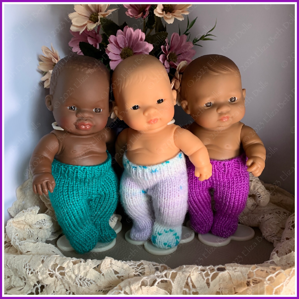 Miniland 21cm clothes, PDF digital pattern, Stockings, Leggings, Tights, Boy, Girl, Unisex, Easy quick knit, Straight needles, Flat knit, Baby doll clothes, Cute outfit, Doll accessories, Minikane, 8inch, Clear instructions, Photos, 8ply DK yarn, Beginner friendly, Basic knitting, Simple pattern, Eliza Beth Dolls, ElizaBethDolls, Australia, 8