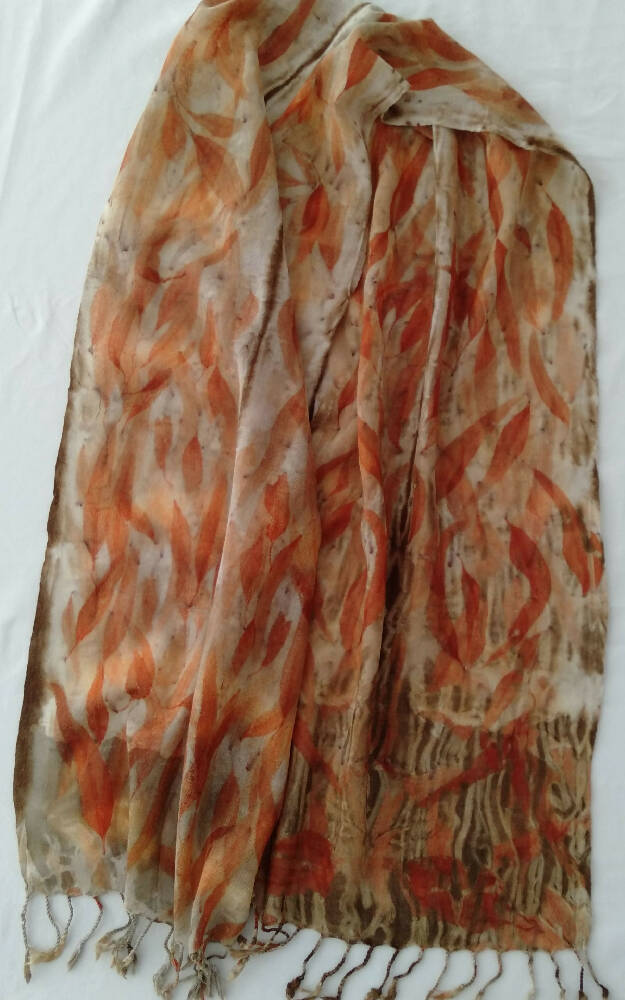 Wool scarf eco-printed with eucalyptus leaves