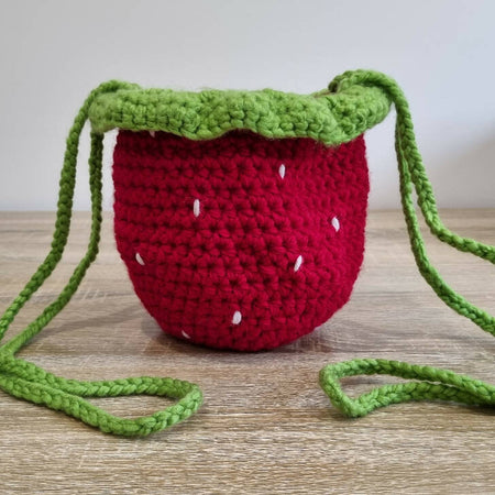 Crochet Strawberry Drawstring Pouch Bag