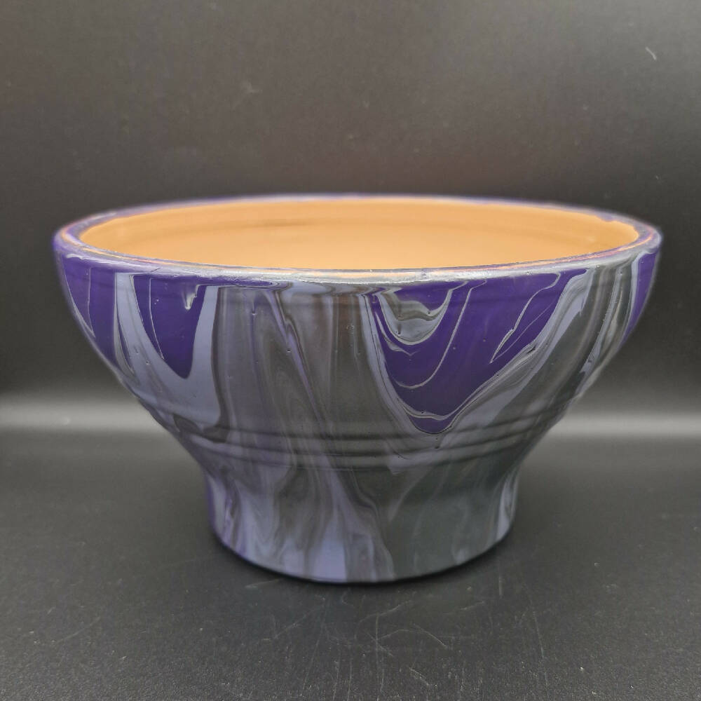 Hand Painted Terracotta Pot 15cm Purple and Silver Acrylic Pour