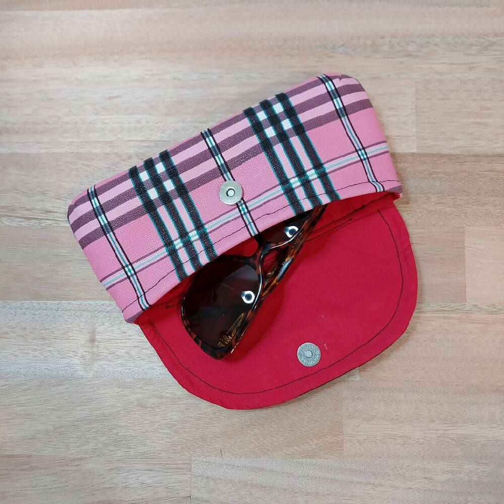 Pink Tartan vinyl eyeglasses / makeup pouch