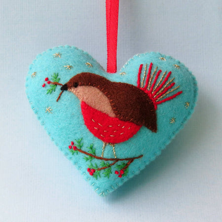Christmas Ornament - Wool Felt Heart - Embroidered Robin