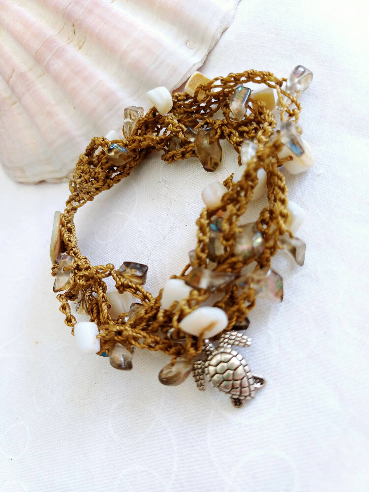 Shell 5 strand Bracelet with Turtle Charm
