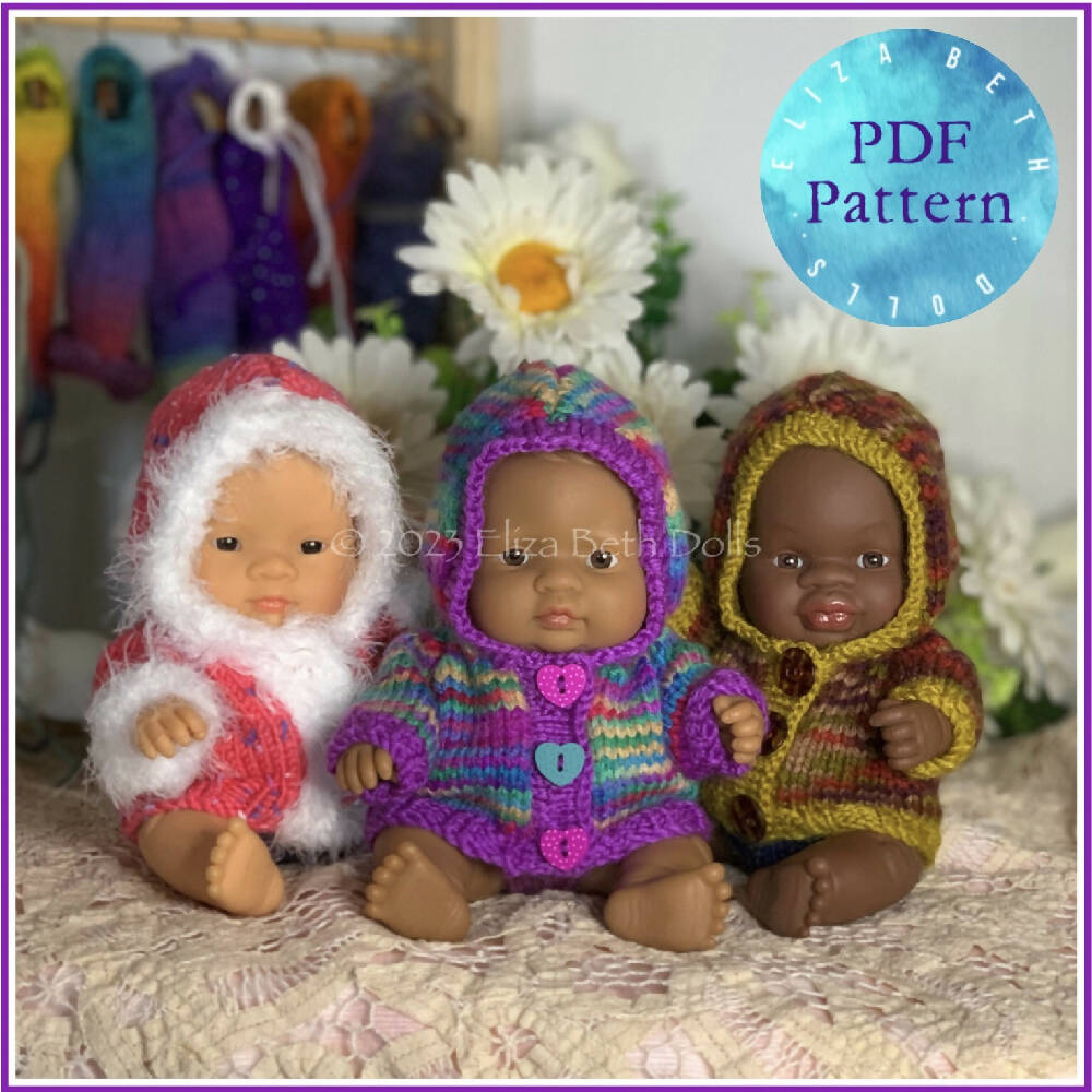 Miniland 21cm clothes, PDF digital pattern, Hoodie, Jacket, Hooded Coat, Boy, Girl, Unisex, Easy quick knit, Straight needles, Flat knit, Baby doll clothes, Cute outfit, Doll accessories, Minikane, 8inch, Clear instructions, Photos, 8ply DK yarn, Beginner friendly, Basic knitting, Simple pattern, Eliza Beth Dolls, ElizaBethDolls, Australia