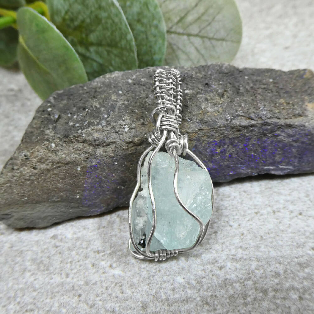 Raw Aquamarine and Tourmaline pendant Sterling silver wire wrapped