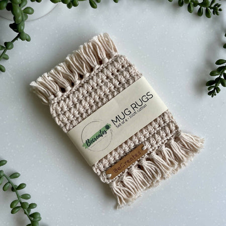 Mug Rug | Crochet Coaster with fringed edge - Natural