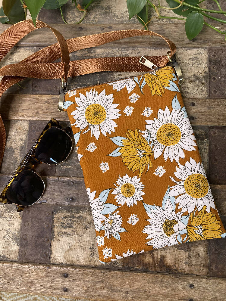 Mini Crossbody Bag - Sunflowers on Mustard/Tan Faux Leather