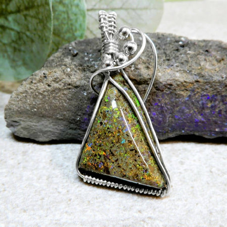 Andamooka Rainbow opal pendant Sterling wire wrapped