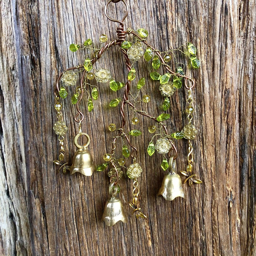 Brass Bells, Dragonflies Windchimes Wire Wrapped Glass Beads Outdoor Hanger