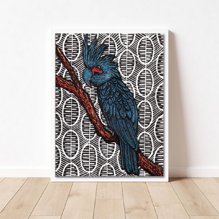 Australian Birds - Palm Cockatoo - Linoprint and Watercolour