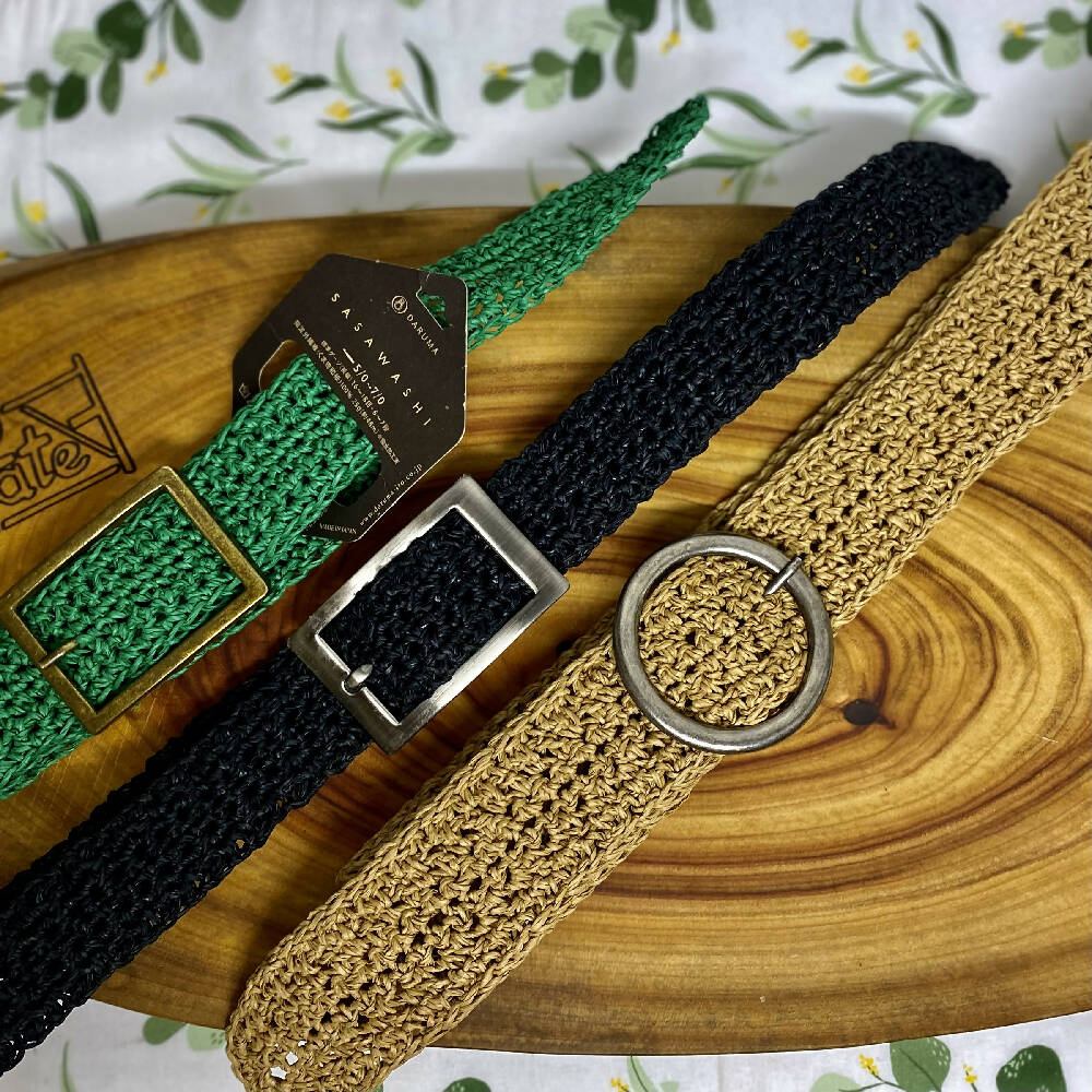 Crochet Bamboo Belt - Green - Brass Buckle