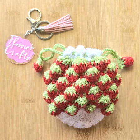 Crocheted Strawberry Drawstring Bag