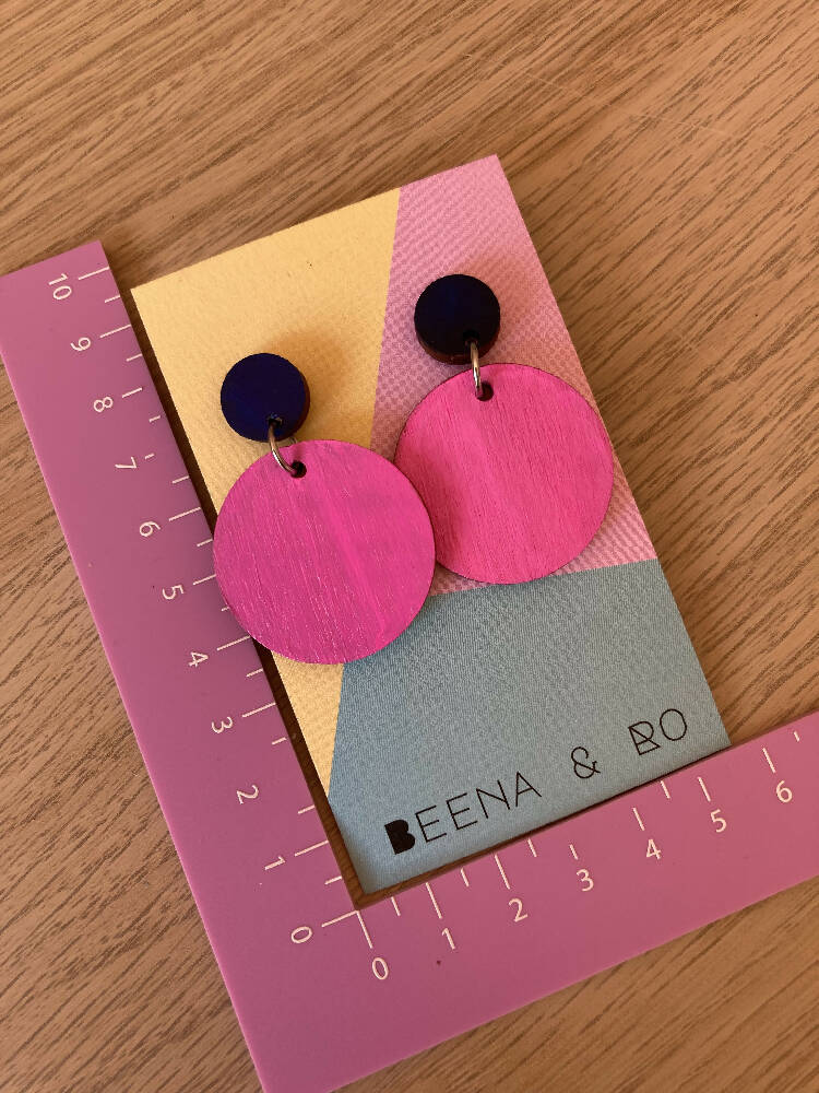 Handpainted pink / navy top earrings
