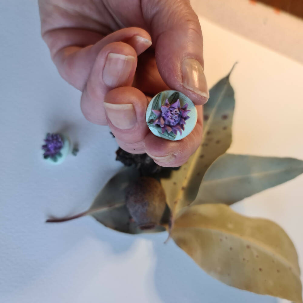 Earrings, Purple 3D protea studs